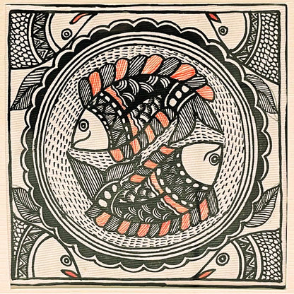 Madhubani Painting – Peacock Fish (7×7 Inches)